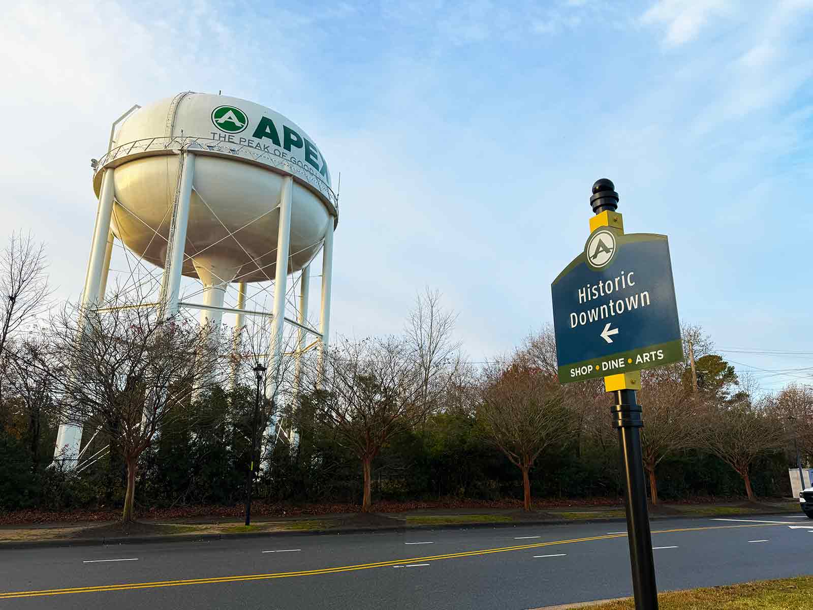 The historic water tower in downtown Apex, North Carolina