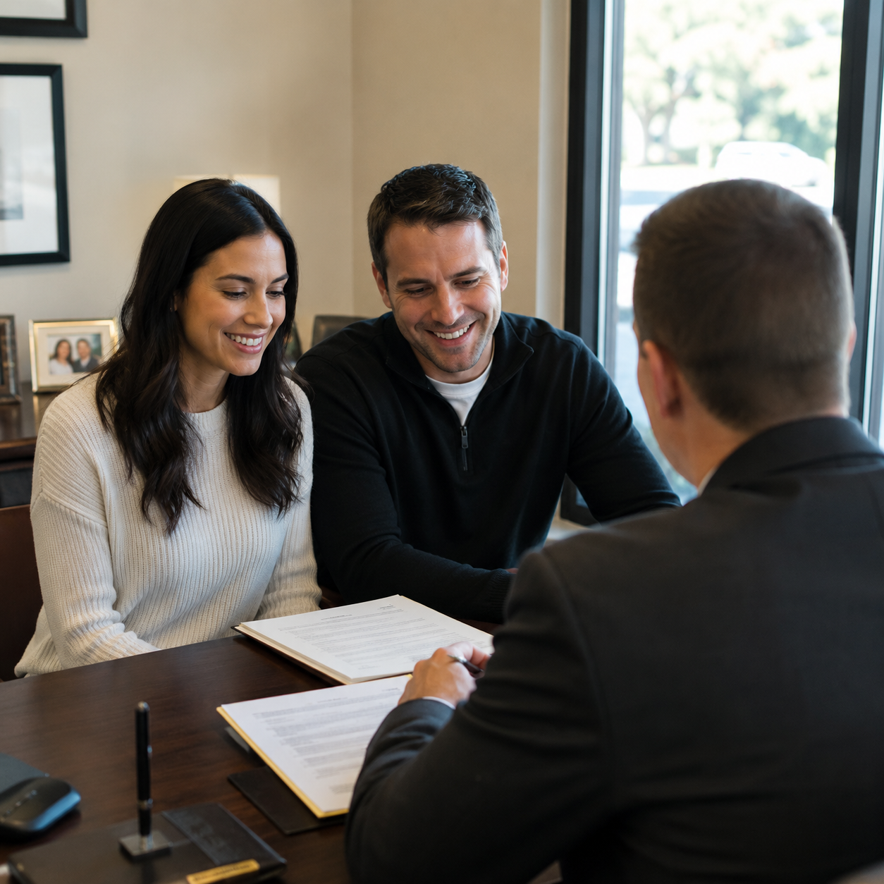 A couple meeting with their estate planning attorney to review documents