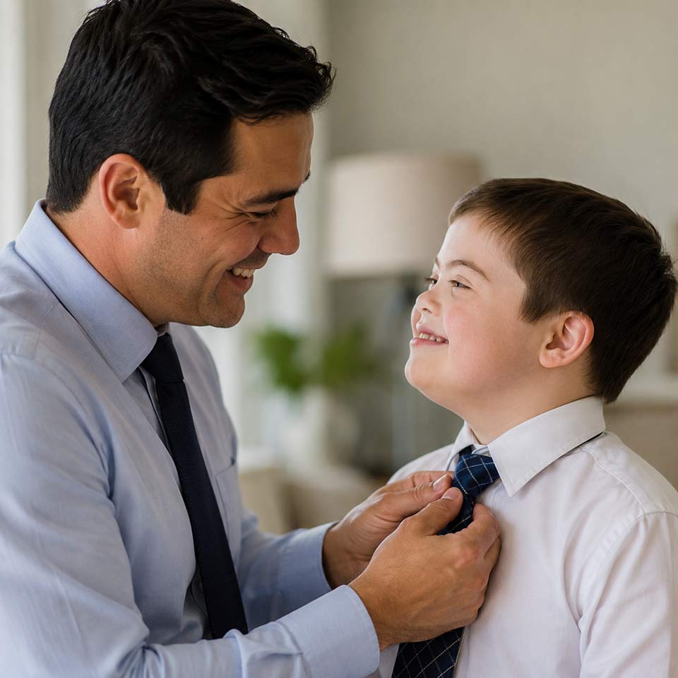 A father helping his young son with Down syndrome with his tie