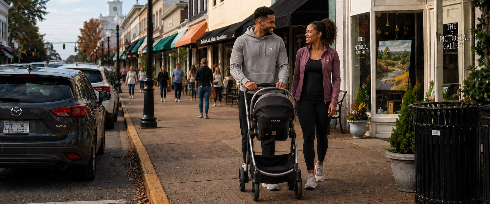 A young couple walking their baby's stroller down a downtown Triangle street