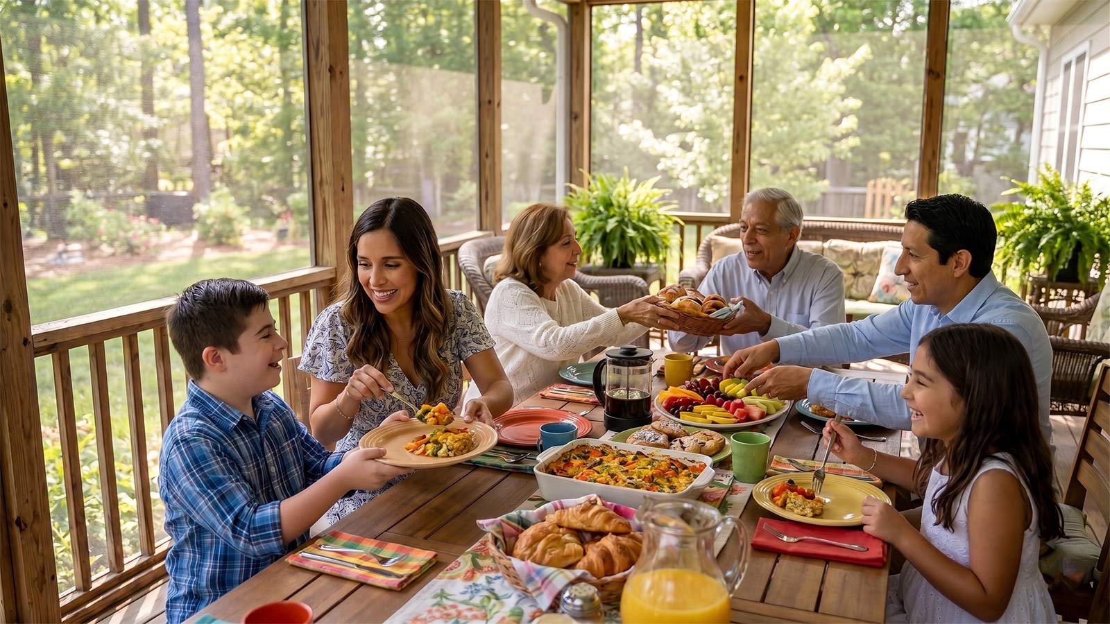 A family sharing brunch together at home