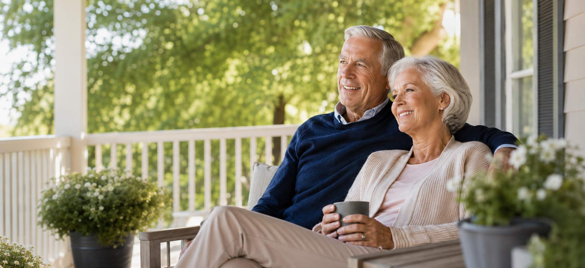 A retired couple relaxing on their porch
